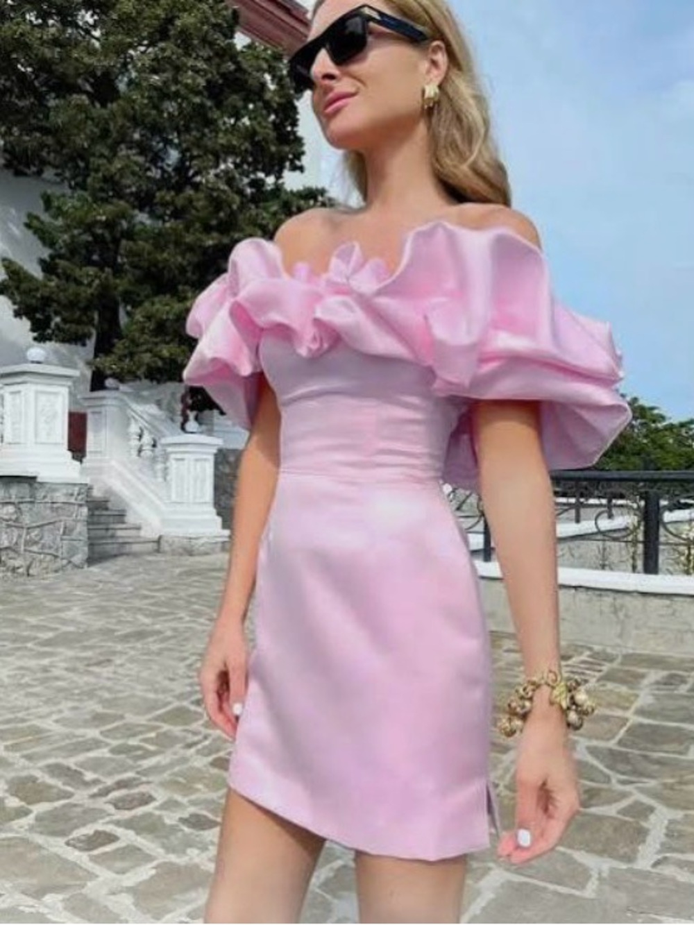 Fashion Nova Light Pink Off-Shoulder Ruffle Mini Dress
